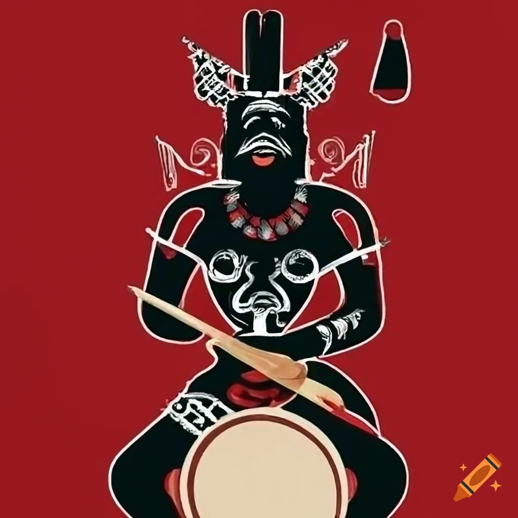 Black Chango playing Bata drums with Mesoamerican tribal design