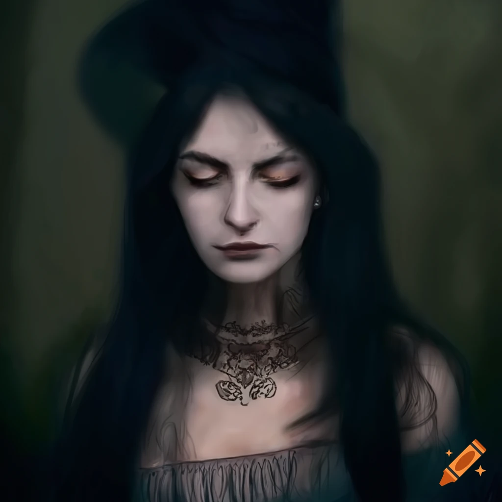 Dark haired witch with eyes closed in a mystical portrait
