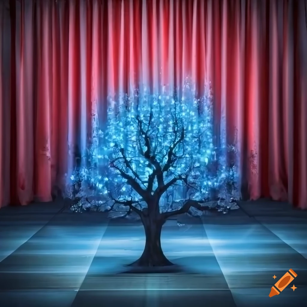 Tree with flying blue lights on a stage with red curtains