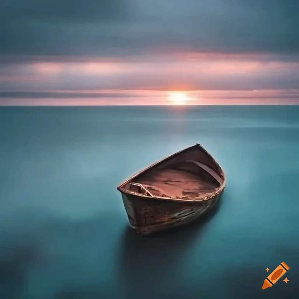 Rusty boat in a storm with high waves and sunlight on an island
