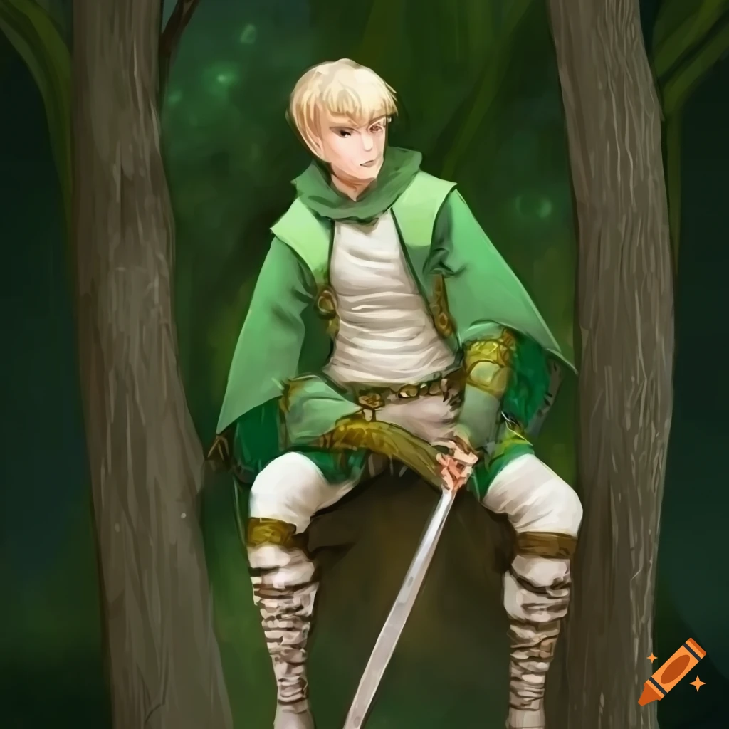 Young man with green leaf cape and sword sitting in a tree