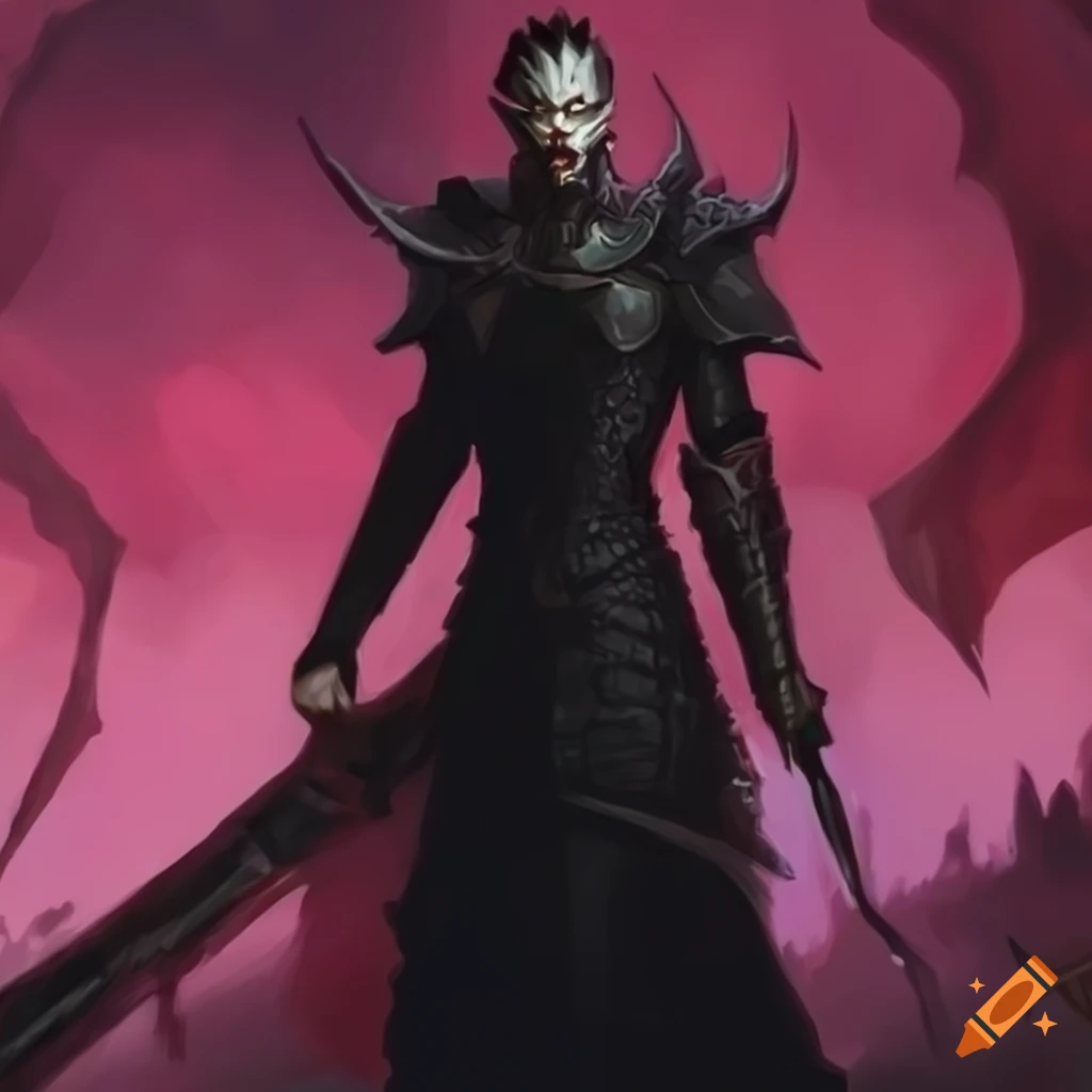 Vampiric Prince in black bat-style armor with crimson sword in a magical setting