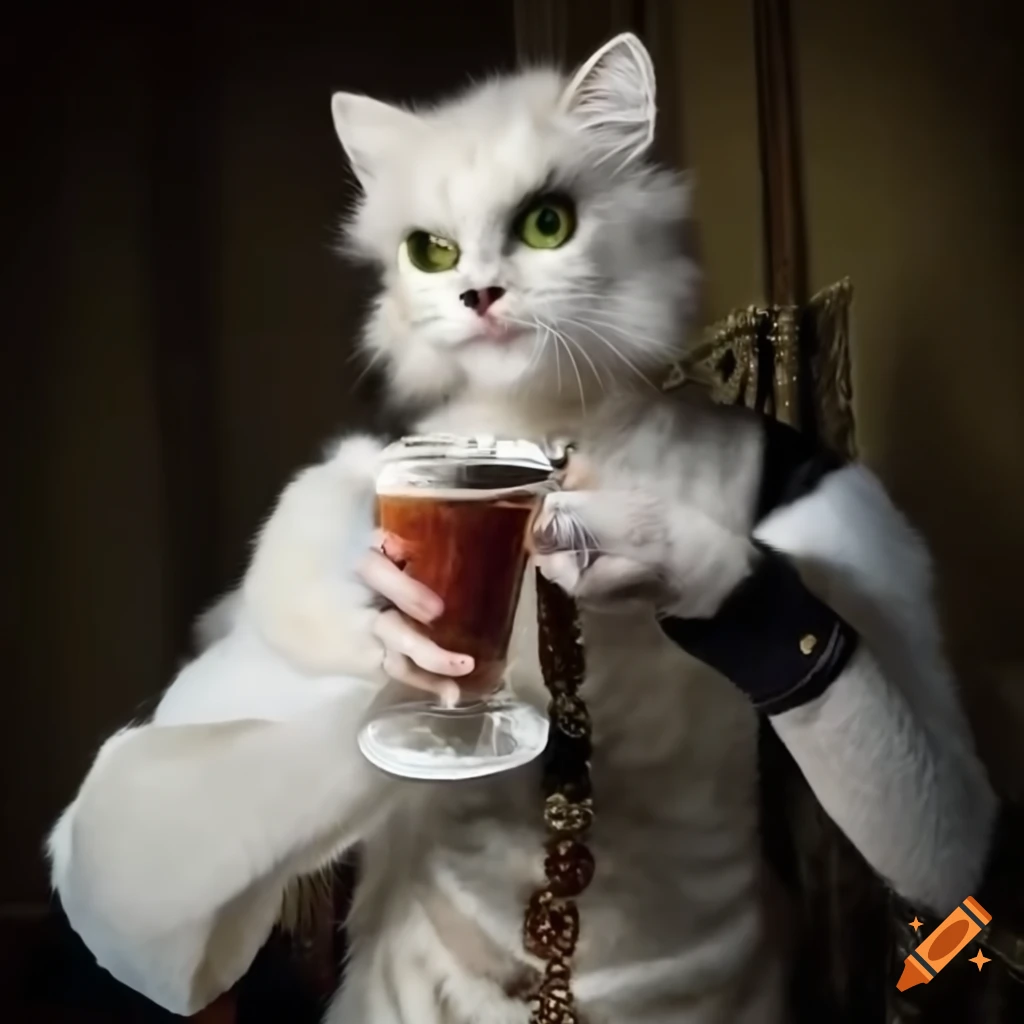 White fur persian jellicle cat-person in Renaissance attire drinking milk