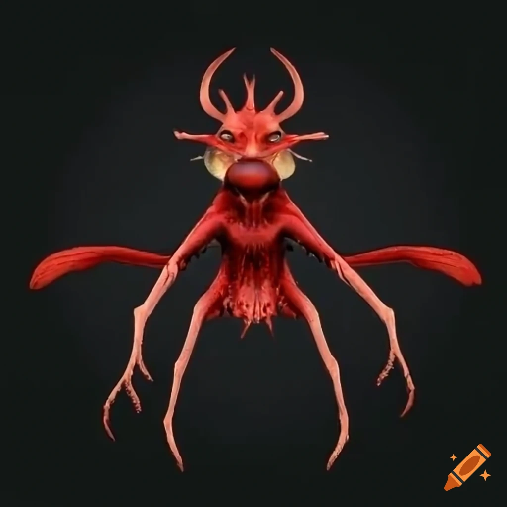 Red black insect creature with multiple eyes and sharp teeth
