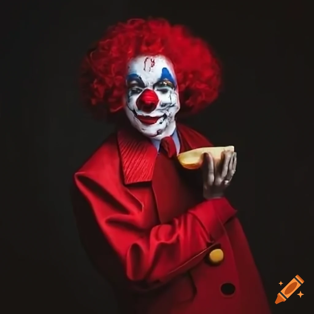Surreal clown with a wheel of cheese in a red mafia suit