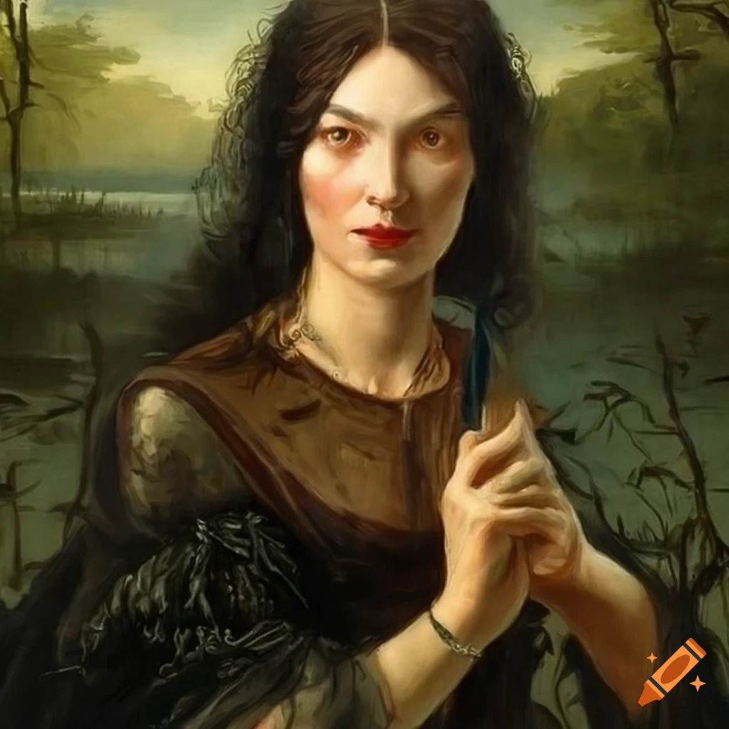 Renaissance painting of a middle-aged dark-haired woman in a swamp