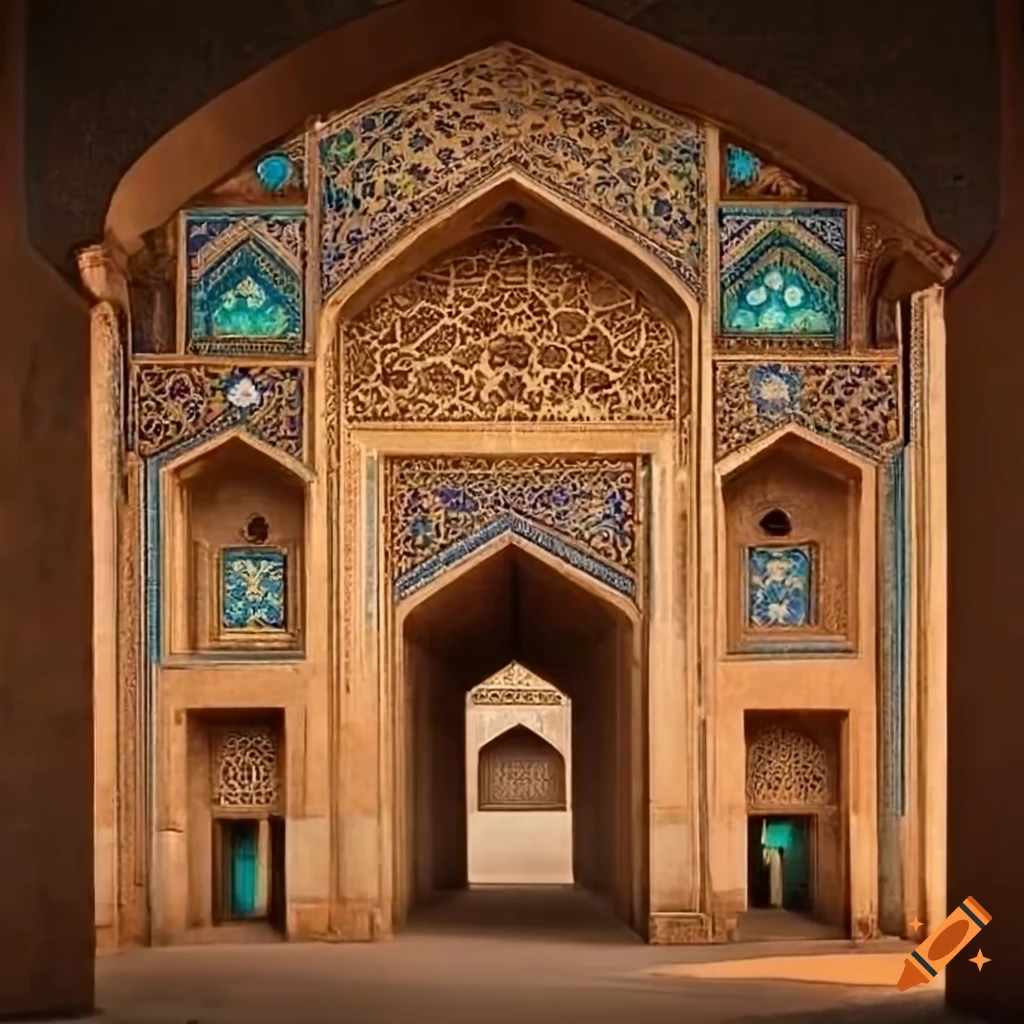 Symmetrical facade of Iranian palace with intricate animal carvings and historical bas-reliefs