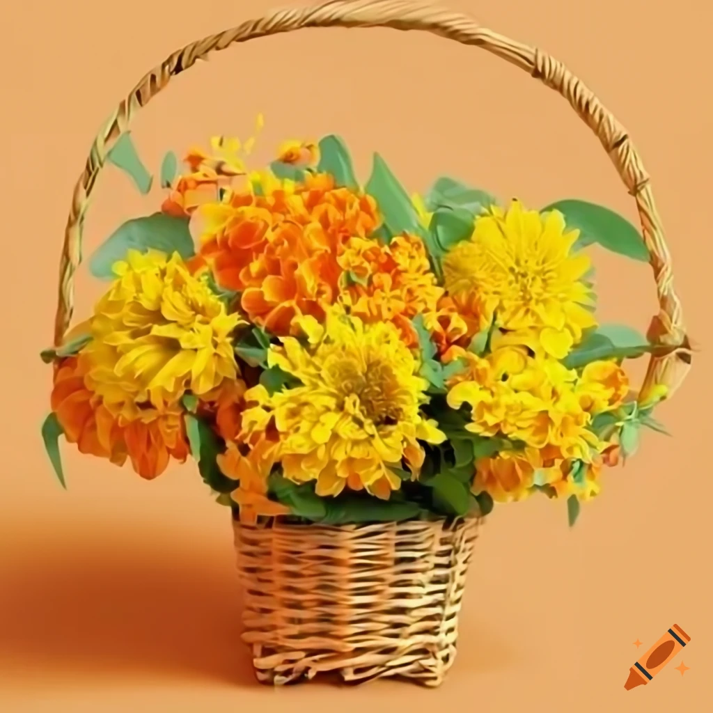 Yellow and orange flowers in a basket in a bright setting