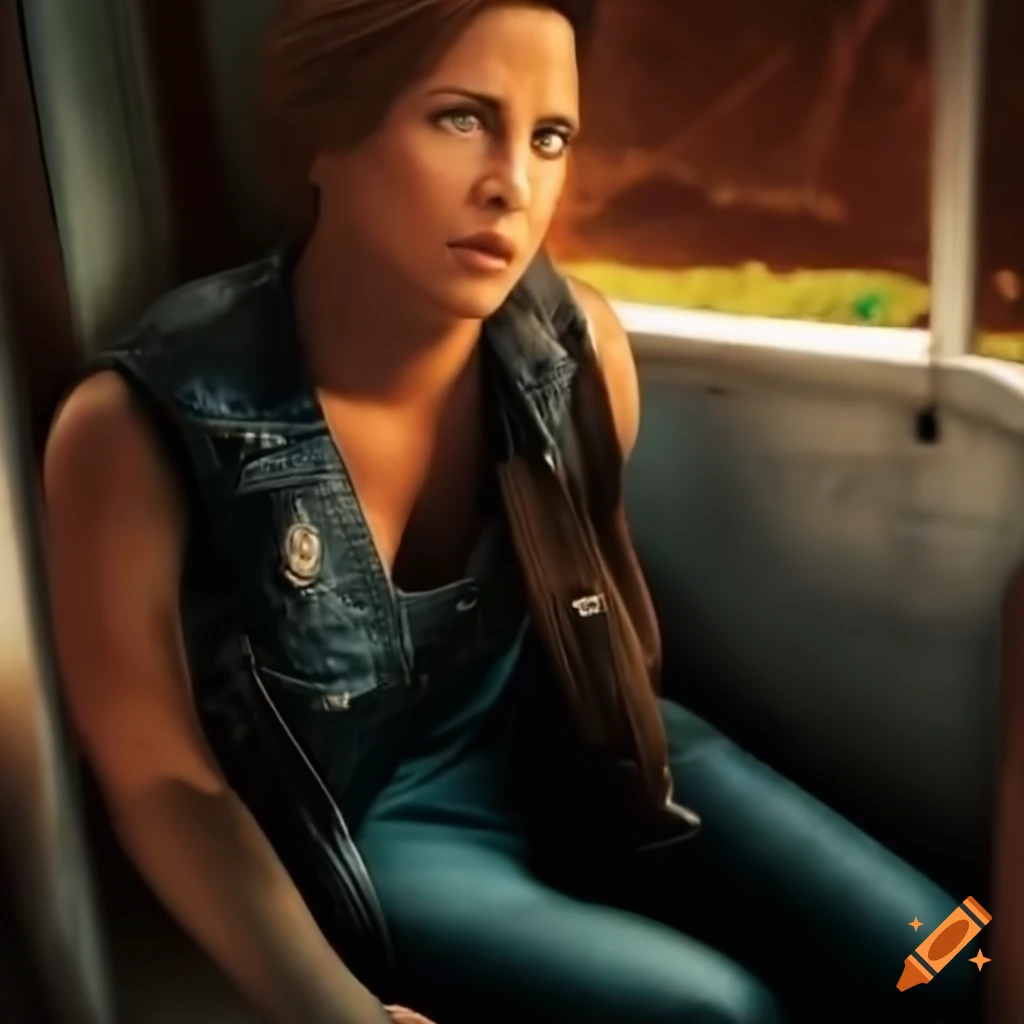 Young woman in outlaw biker style sitting in a caravan trailer