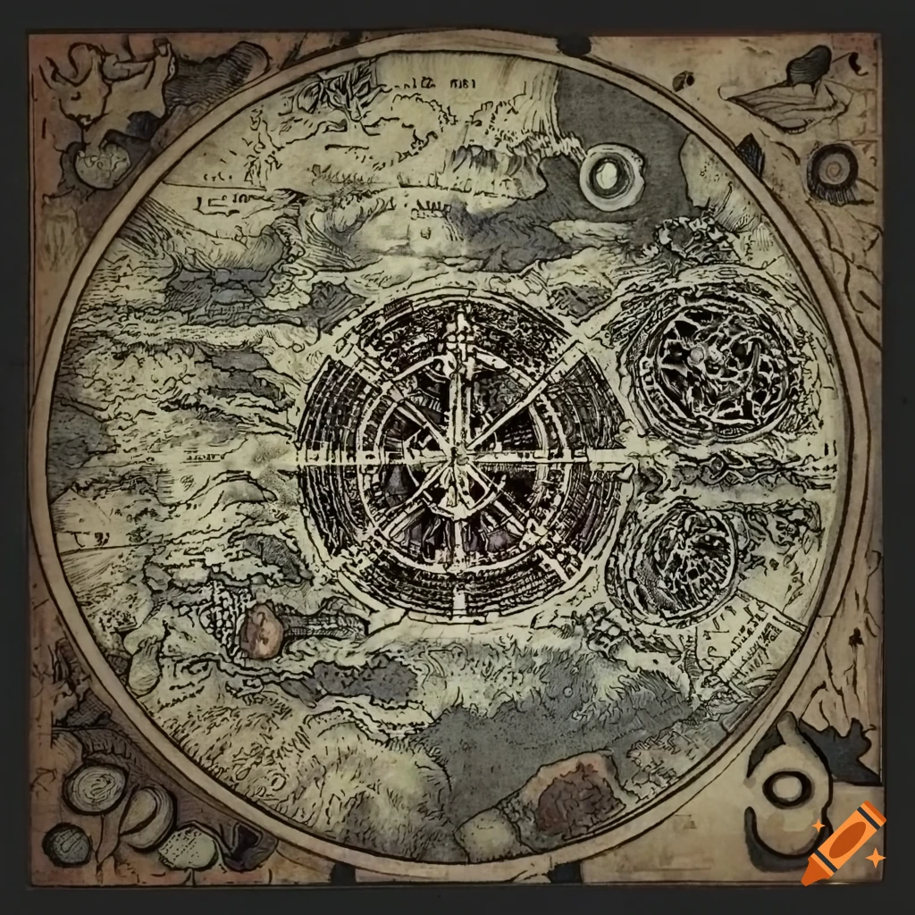 Illustrated map of a mechanical archipelago in dark fantasy Scotland
