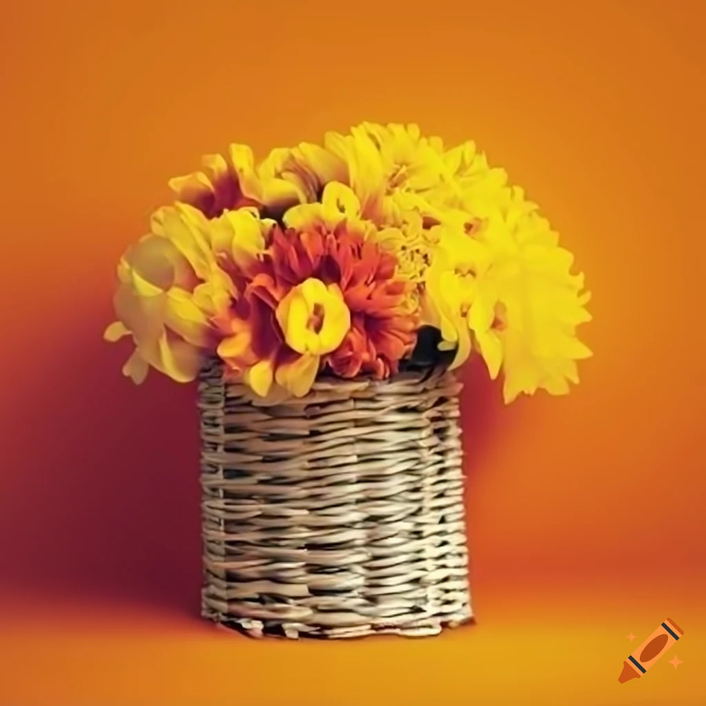 Yellow and orange flowers in a basket in a bright setting