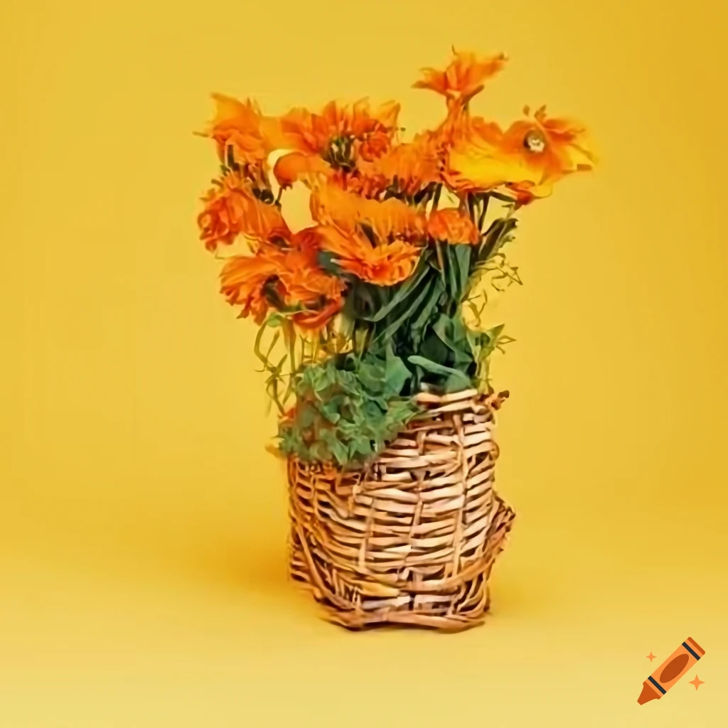 Yellow and orange flowers in a basket in a bright setting