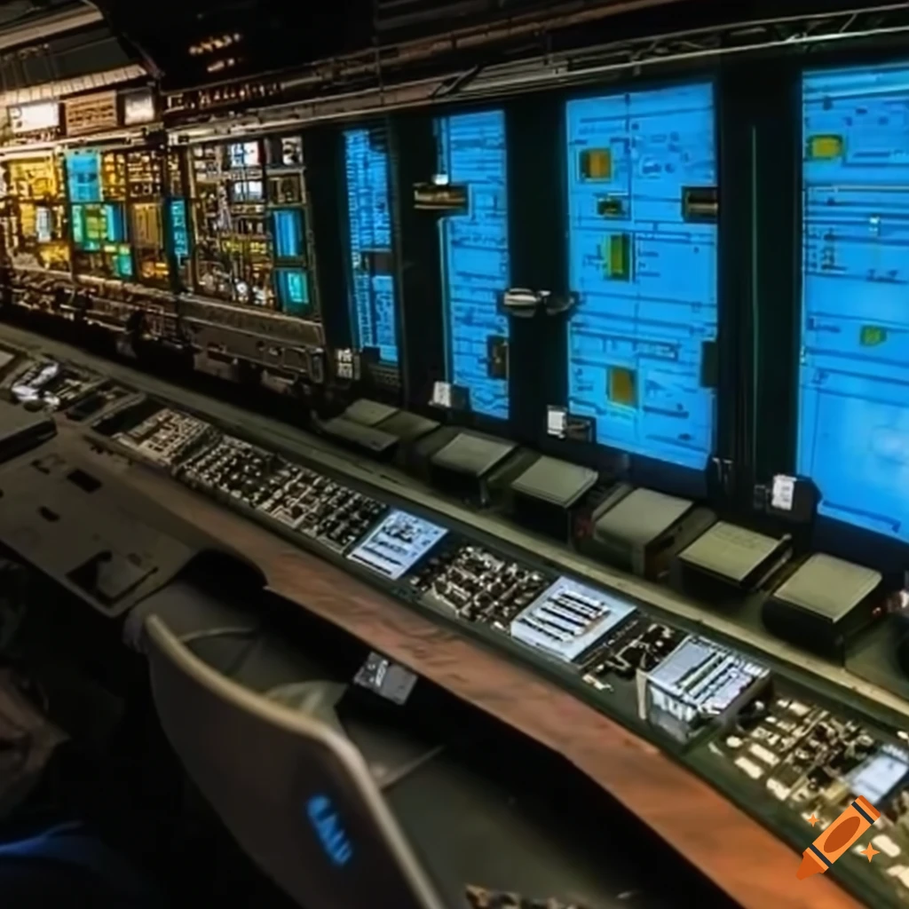Retrofuturistic space flight control room with large displays and workstations