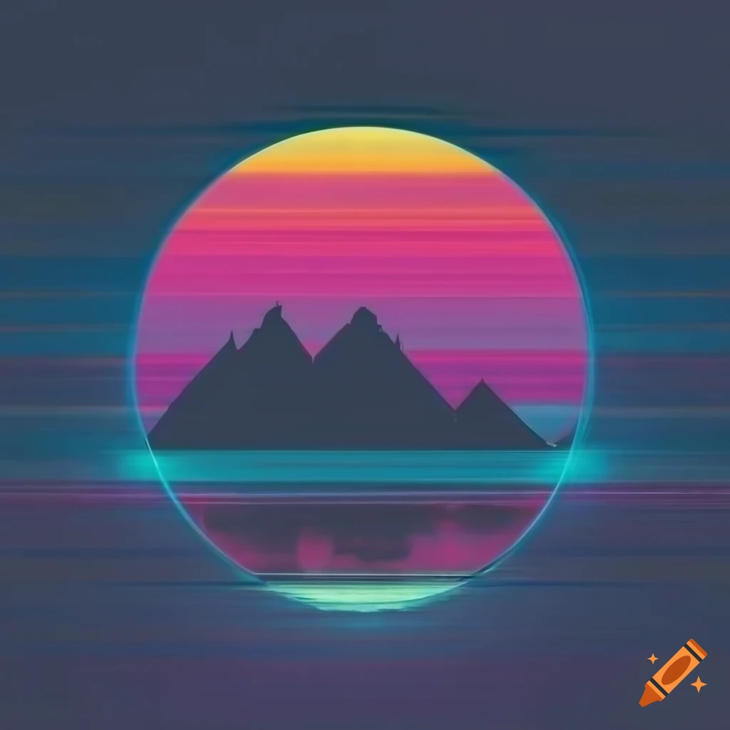 Enchanting metropolis sunset with neon-lit mountains in 80s graphic style