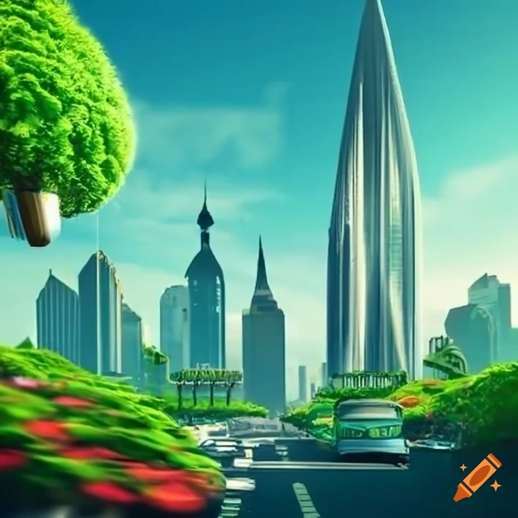 Futuristic city with ecological buses and green spaces