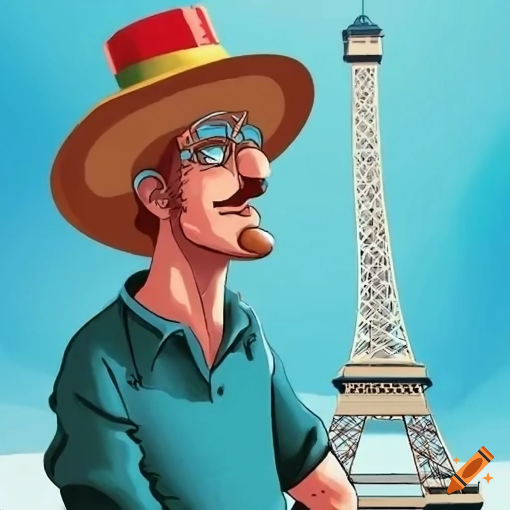 German man visiting the Eiffel Tower in Paris in a cartoon style