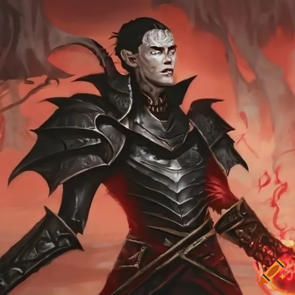 Vampiric Prince in black bat-style armor with crimson sword in a magical setting