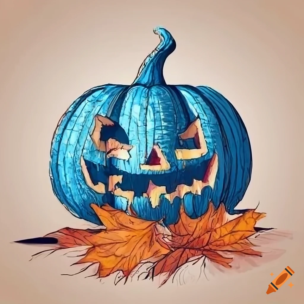 Intricately carved jack-o-lantern on a blue pumpkin under vibrant red lighting in autumn