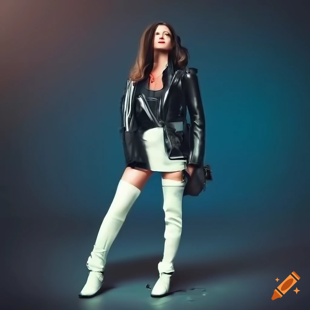 Woman in stylish leather clothing with motorcycle jacket and boots