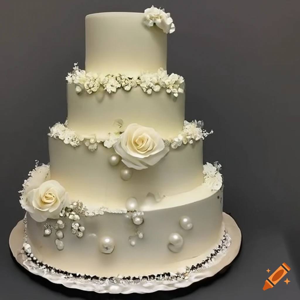 Three-tier white wedding cake with sugar pearls and white flowers