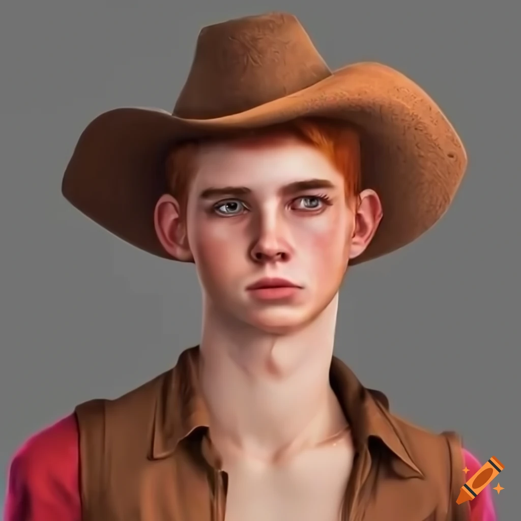 Androgynous 18 year old person in cowboy attire with red shirt, brown vest, and hat