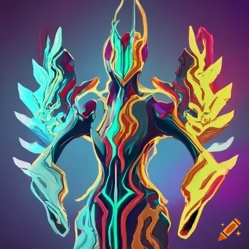 Stylized warframe design with a plasma phoenix theme