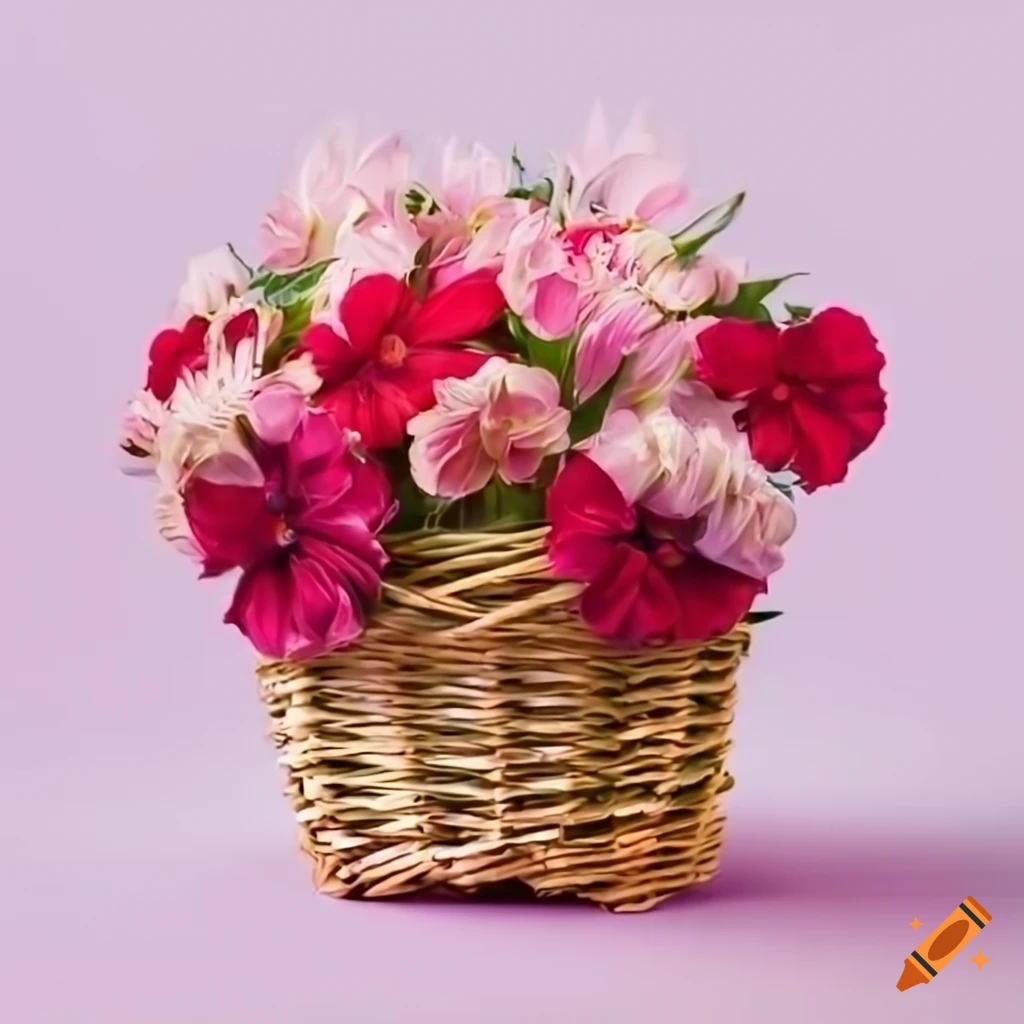 Pink and red flowers in a basket