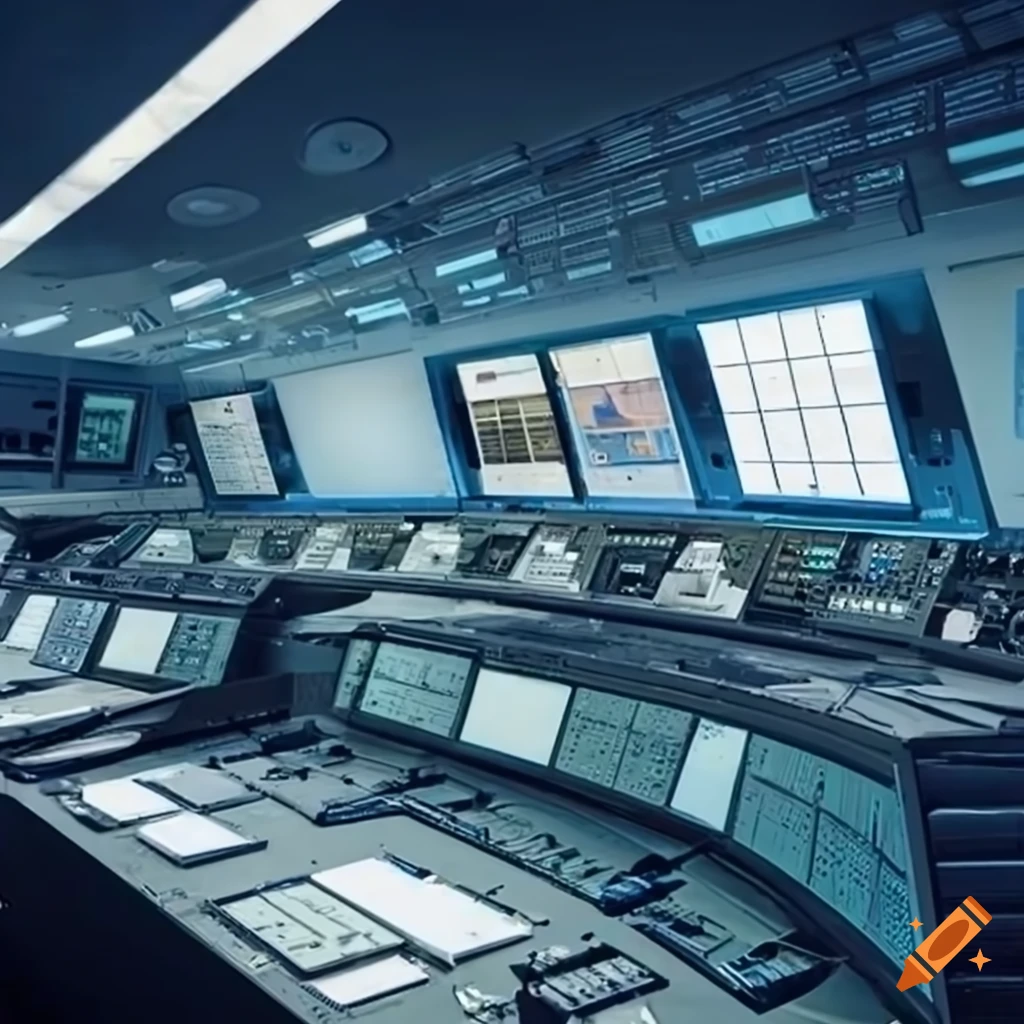 Retrofuturistic spaceflight control room with large displays and workstations