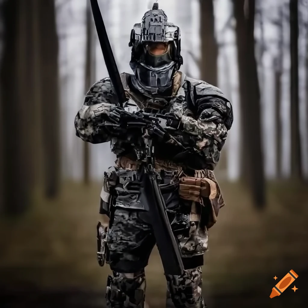 Modern warrior in camouflage suit with large sword in forest setting