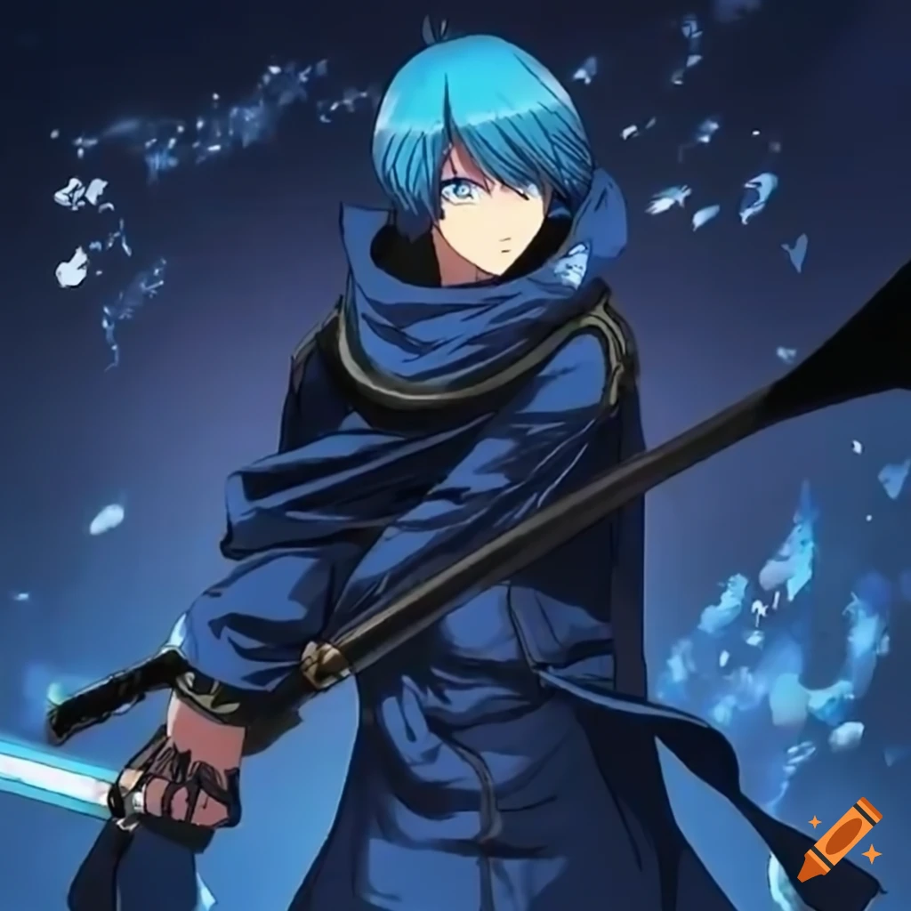 Man in blue diving suit with Katana sword and water control ability