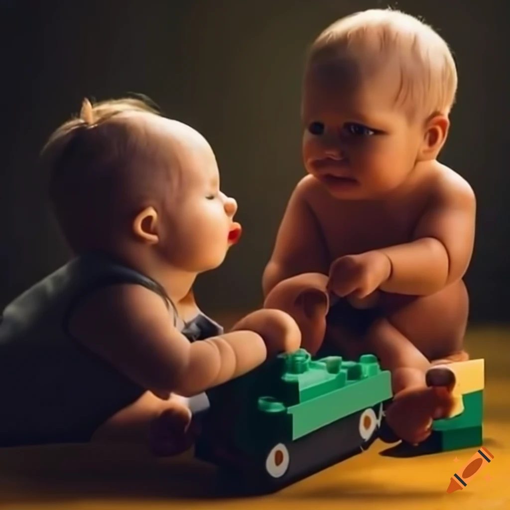 Two babies playing with Lego tanks in a nursery setting
