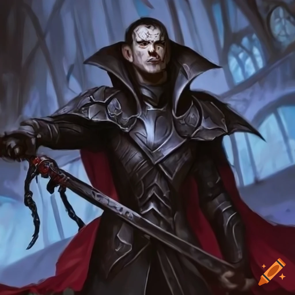 Vampiric Prince in black bat-style armor with crimson sword in a magical setting