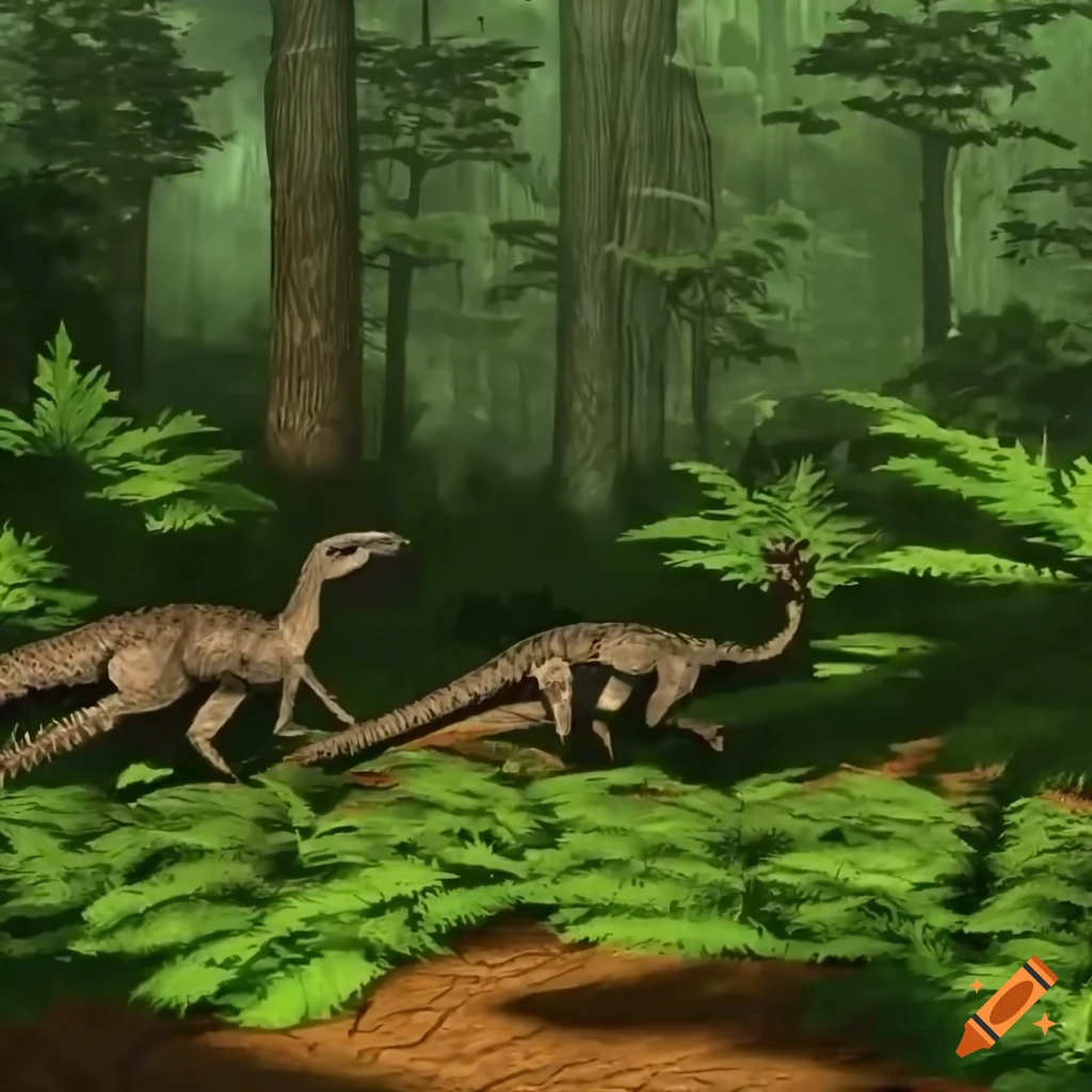 Hypsilophodon dinosaurs among fern undergrowth in a cedar forest on Craiyon