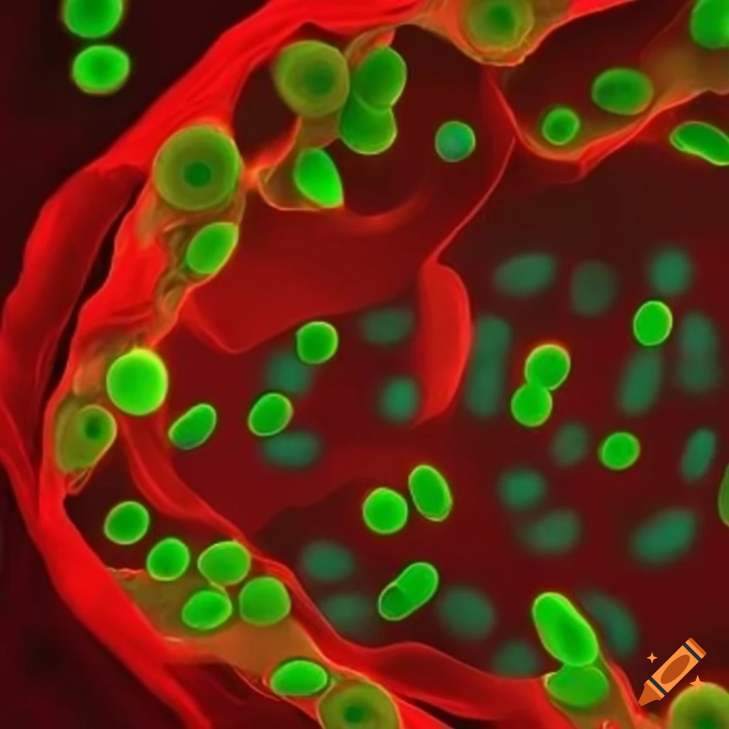 Green bacterial cells adhered to a surface surrounded by red/orange bacterial cells