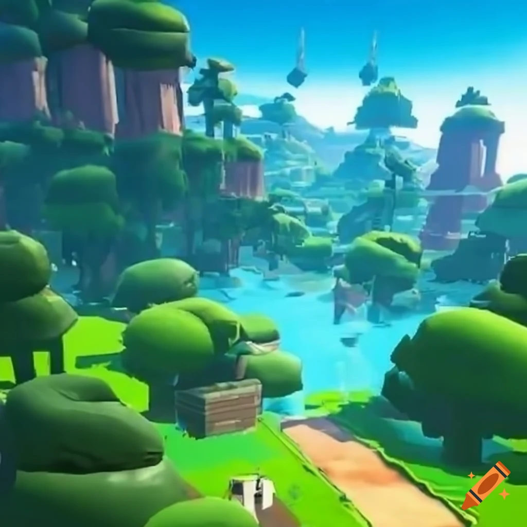 Video game parkour map with sky and forest elements in semi-realistic style