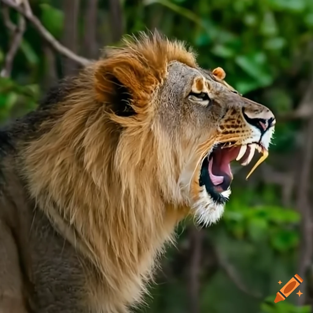 Roaring lion in a mangrove forest