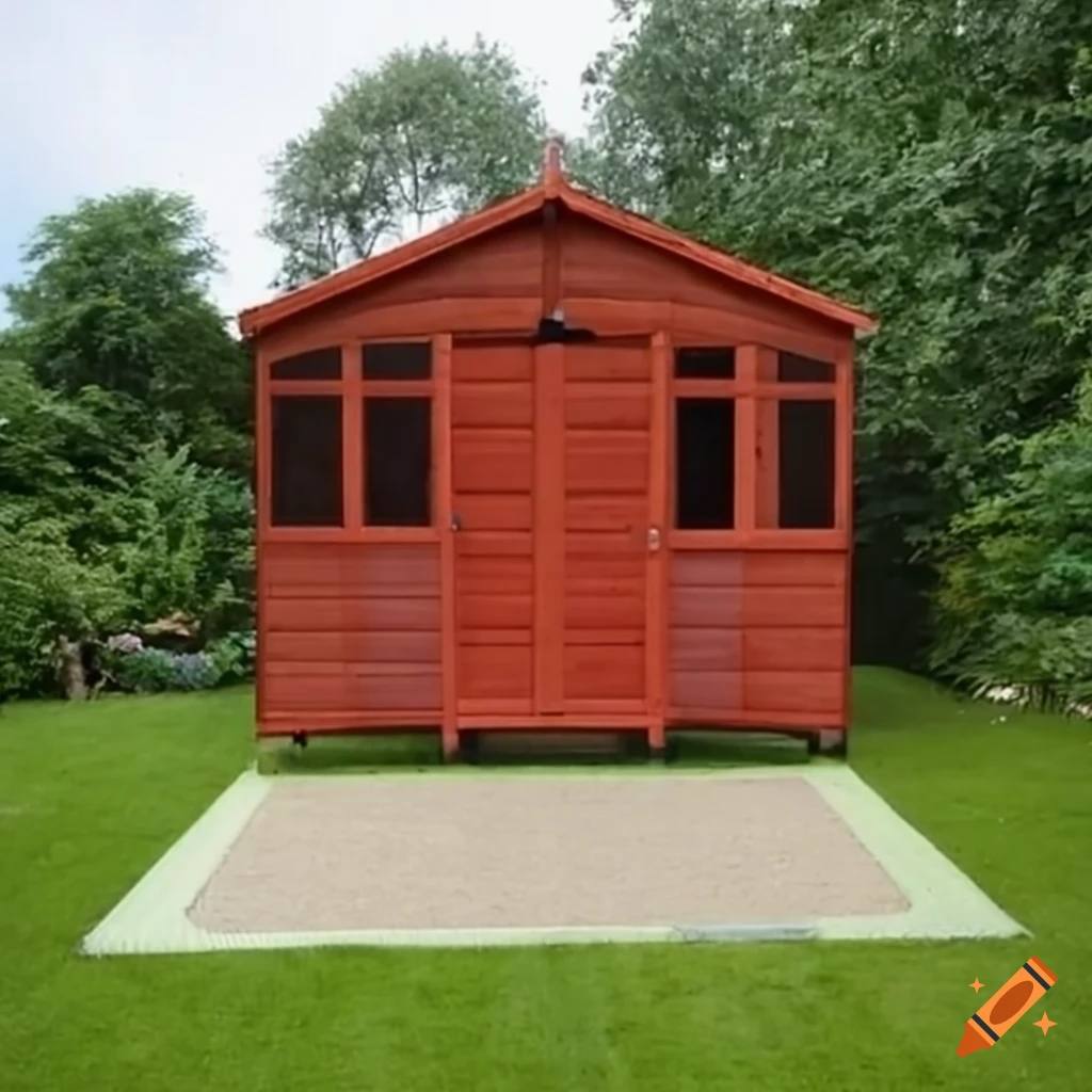Summerhouse and square trampoline in a backyard garden