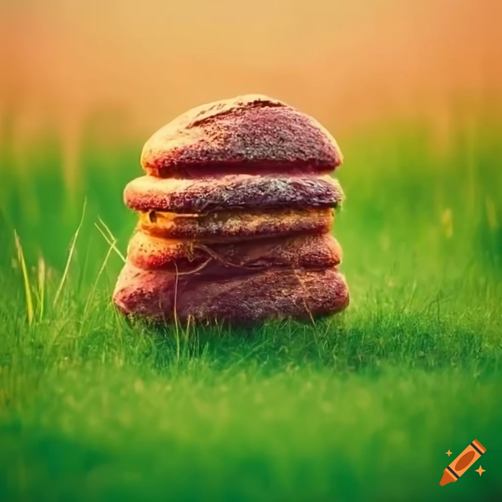 Grassy field with a pile of bread