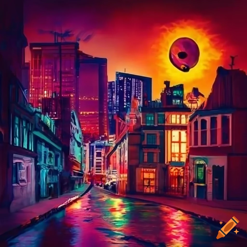 Vibrant urban scene with magical creatures and active life