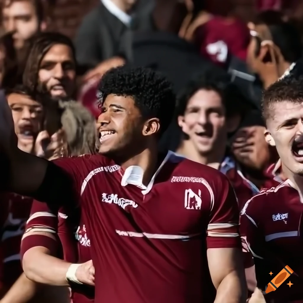 Group of men in maroon rugby jerseys celebrating a win outdoors