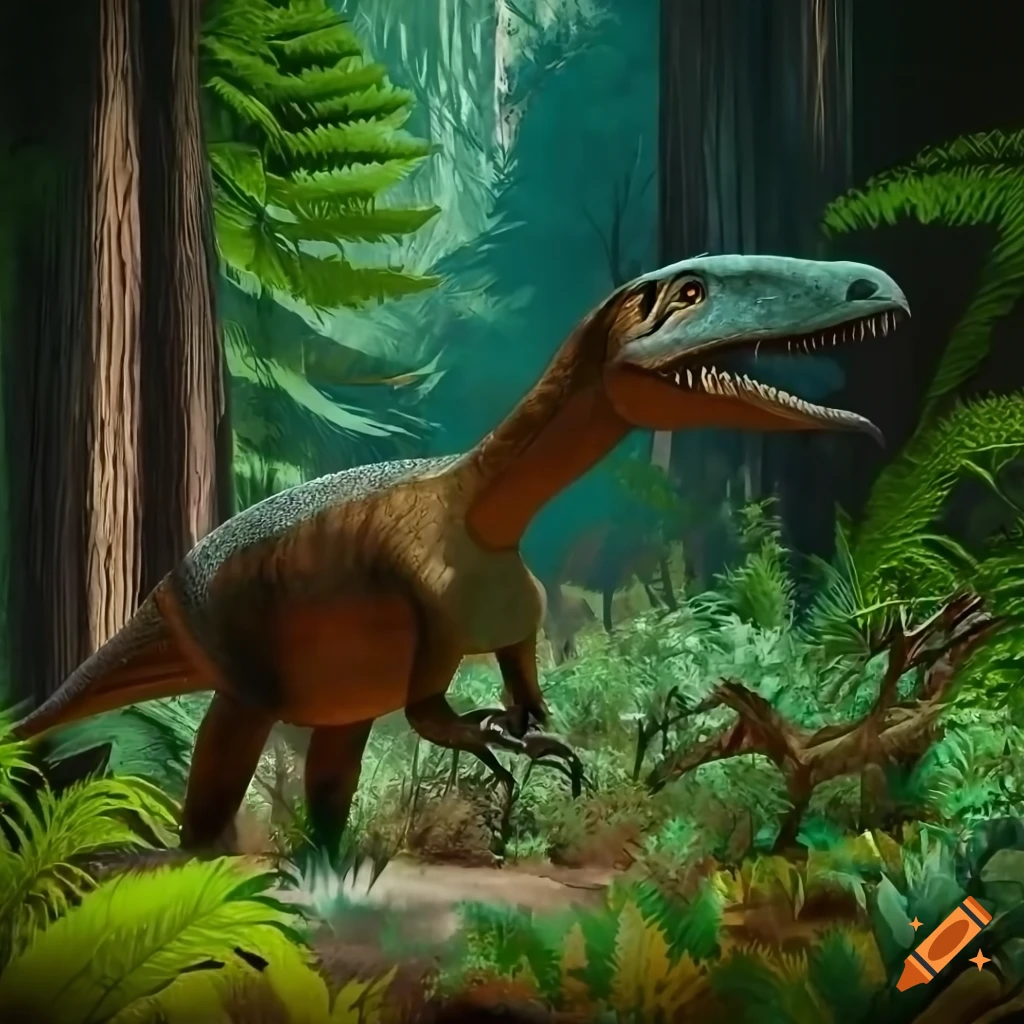 Hypsilophodon dinosaurs in a redwood forest undergrowth on Craiyon