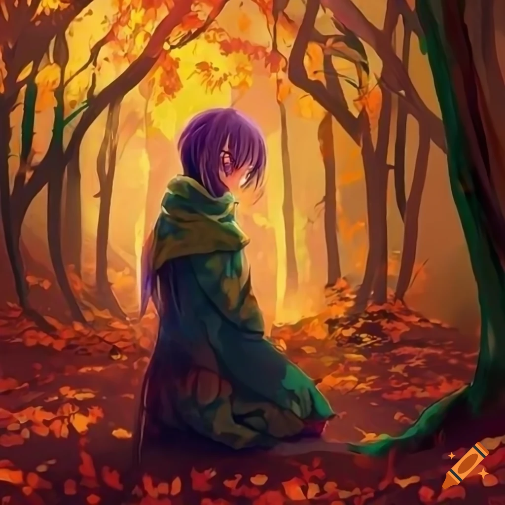 Melancholy intp deep in thought in autumn landscape with falling leaves ...