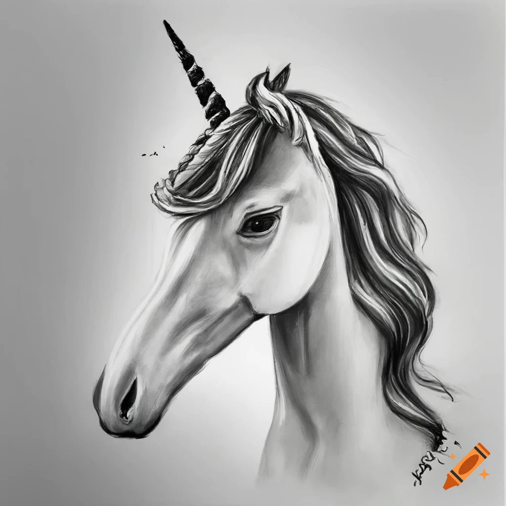 Black and white pencil drawing of a unicorn