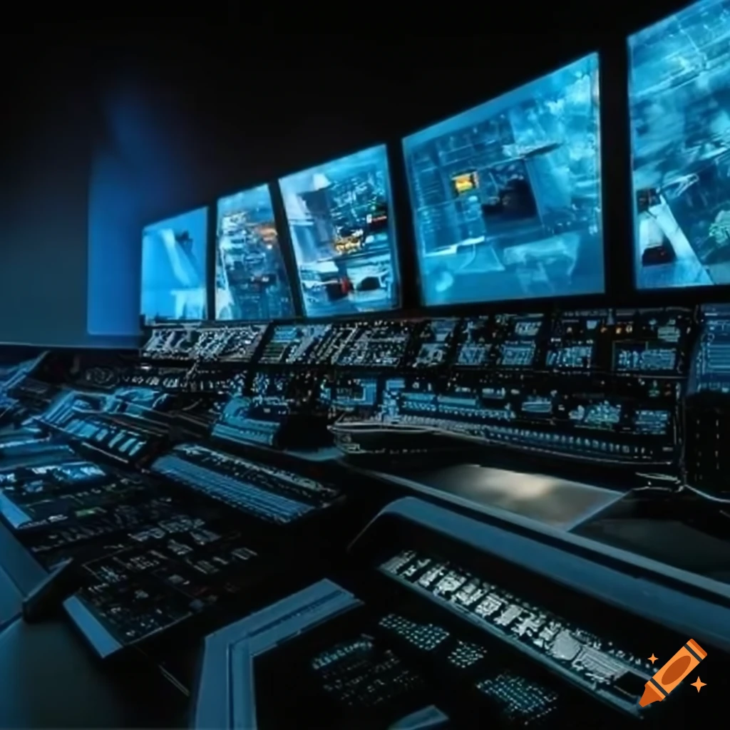 Retrofuturistic space flight control room with large displays and workstations