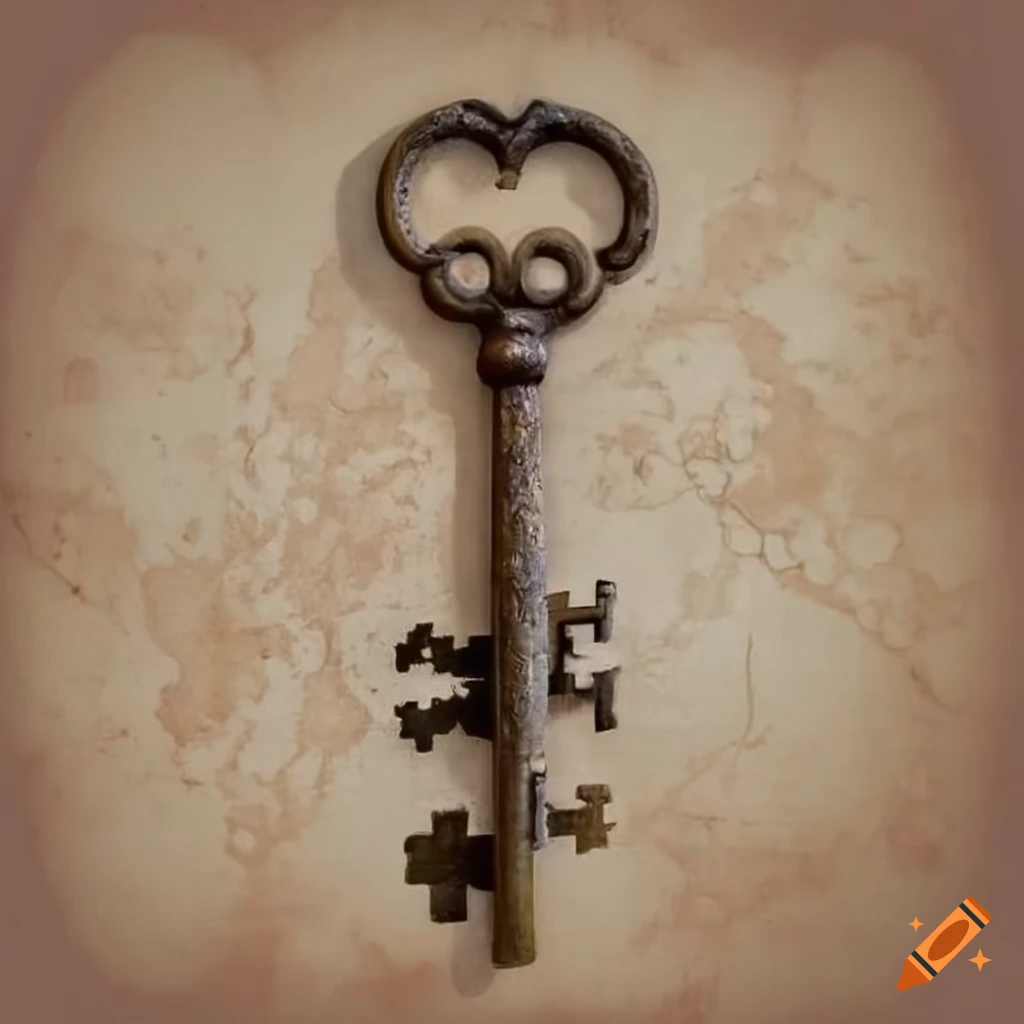 Old ornate key casting a shadow on a textured surface