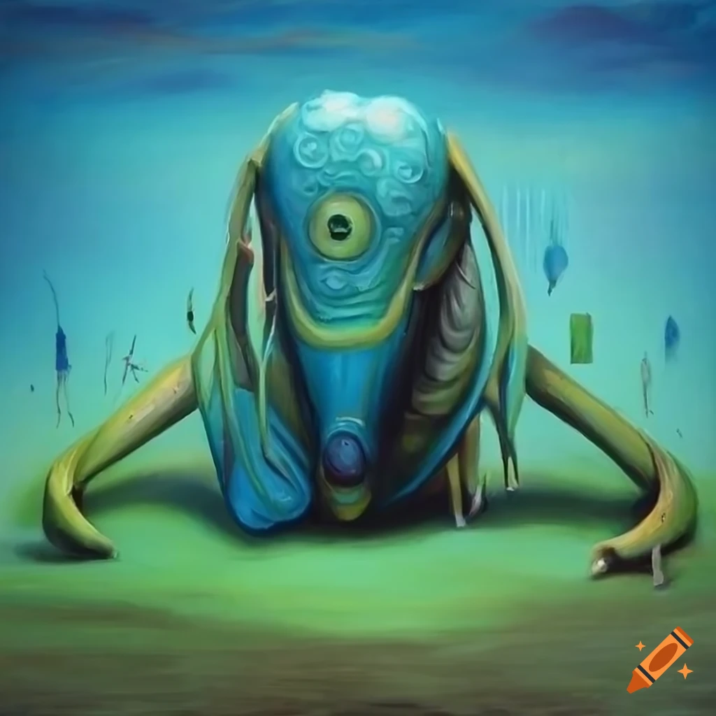 Surreal painting depicting weird humanoid figures in an epic scene