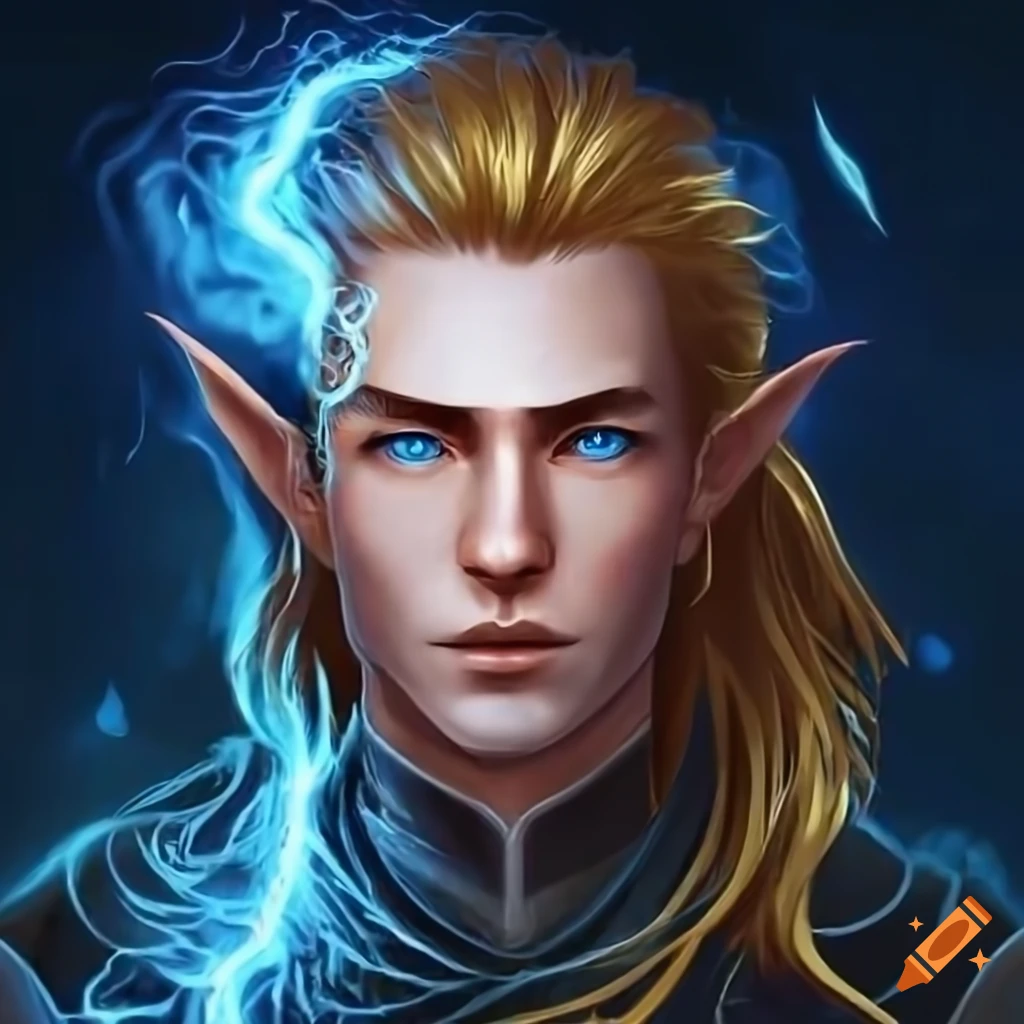 Male elven wizard casting elemental spells in a magical display