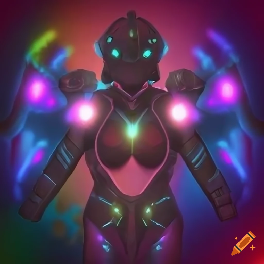 Stylized valkyrie power armor with rainbow plasma phoenix theme