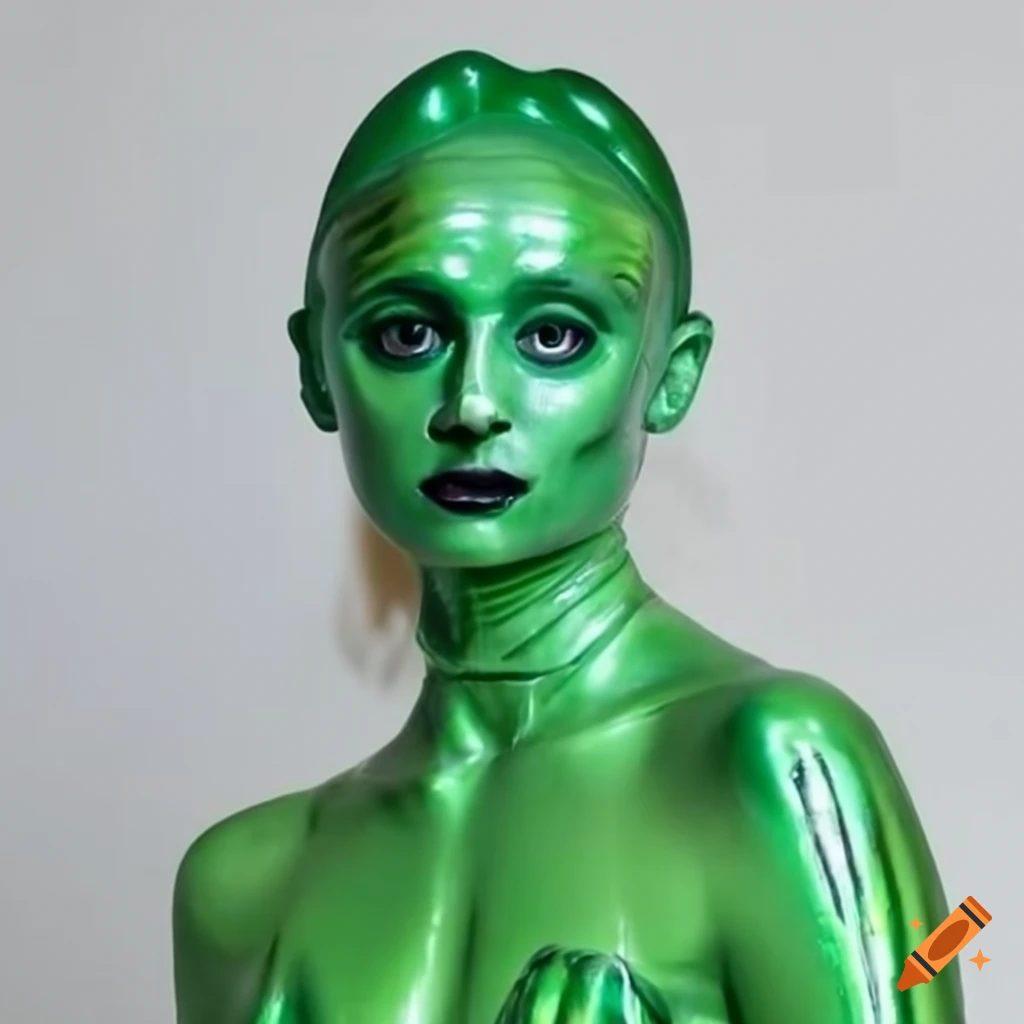 Sophie Turner depicted as a shiny metal green latex lizard humanoid