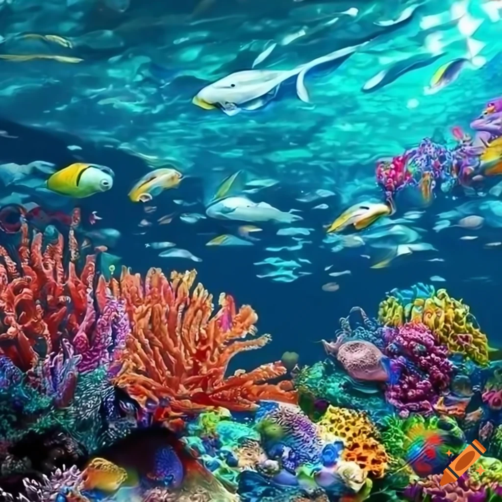 Vibrant underwater scene with diverse fish and colorful corals in ...